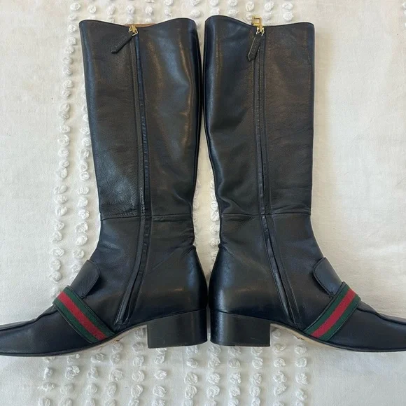 Gucci Malaga Kid GG Marmont Calfskin Leather Knee High Riding Boots - Picture 7 of 14